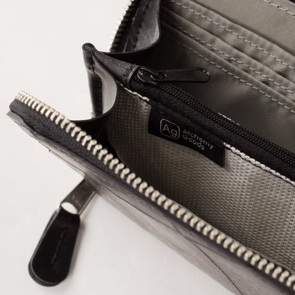 Fauntleroy womens clutch tread detail upcycle recycle bike inner tubes strap vegan urban fashion close view coin zippered pocket