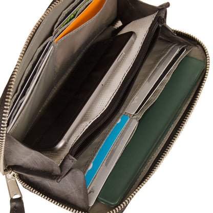 Fauntleroy womens clutch tread detail upcycle recycle bike inner tubes strap vegan urban fashion open smartphone cards checkbook cash