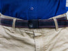 Delridge belt urban fashion accessory pants reversible upcycled bike inner tube versatile vegan made in USA black on pants blue shirt tucked